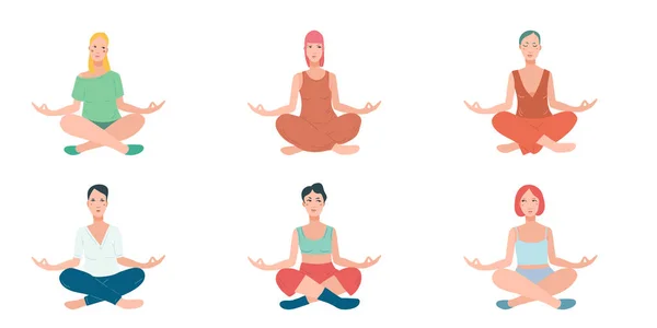 Grupo de mujeres que realizan ejercicio de yoga. Personaje de dibujos animados femenino sentado en postura de loto y meditando la meditación vipassana . — Vector de stock