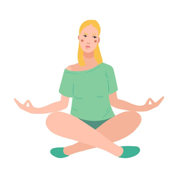 Jovem mulher bonita realizando exercício de ioga. Personagem de desenho animado feminino sentado na postura de lótus e meditando vipassana — Vetor de Stock