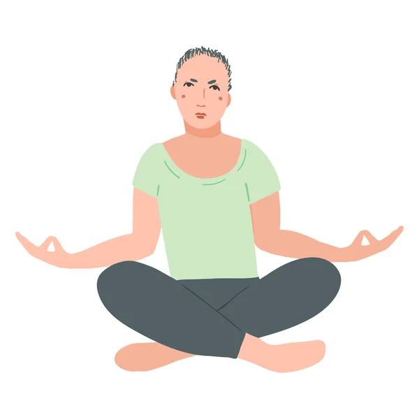 Jóvenes hombres guapos realizando ejercicio de yoga. Personaje de dibujos animados masculino sentado en postura de loto y meditando vipassana — Vector de stock