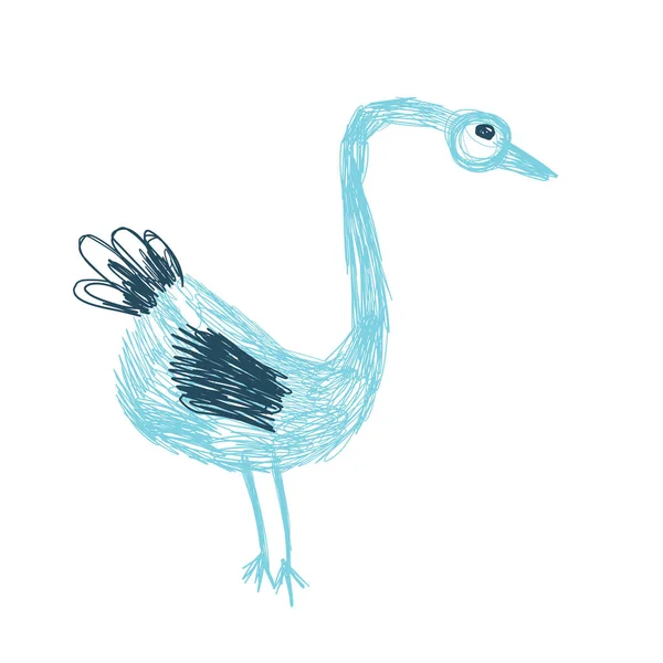 Pazzo divertente uccello stand in blu e acquerelli in stile scarabocchi disegnato a mano . — Vettoriale Stock