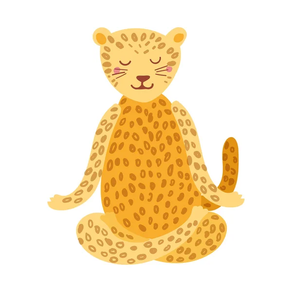 Jaguar de dibujos animados realizando ejercicio de yoga. Dibujo de carácter animal sentado en postura de loto y meditando vipassana — Archivo Imágenes Vectoriales