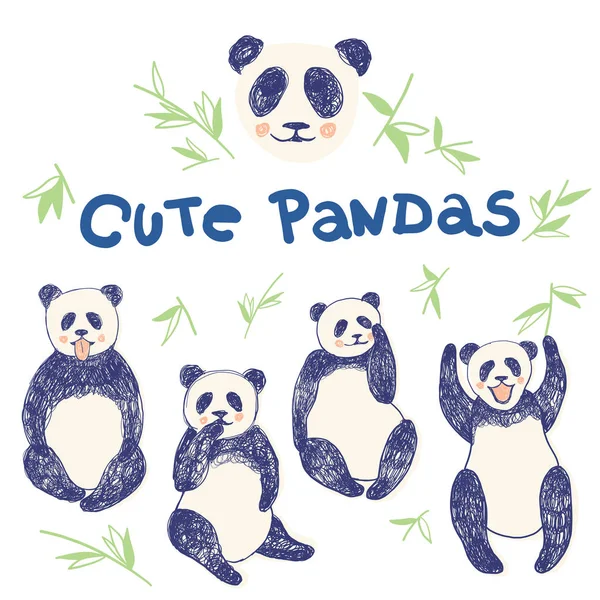 Ensemble de pandas mignons dessinés à la main avec feuilles de bambou et lettrage pour enfants et adultes sérigraphie de vêtements en 4-5 couleurs . — Image vectorielle