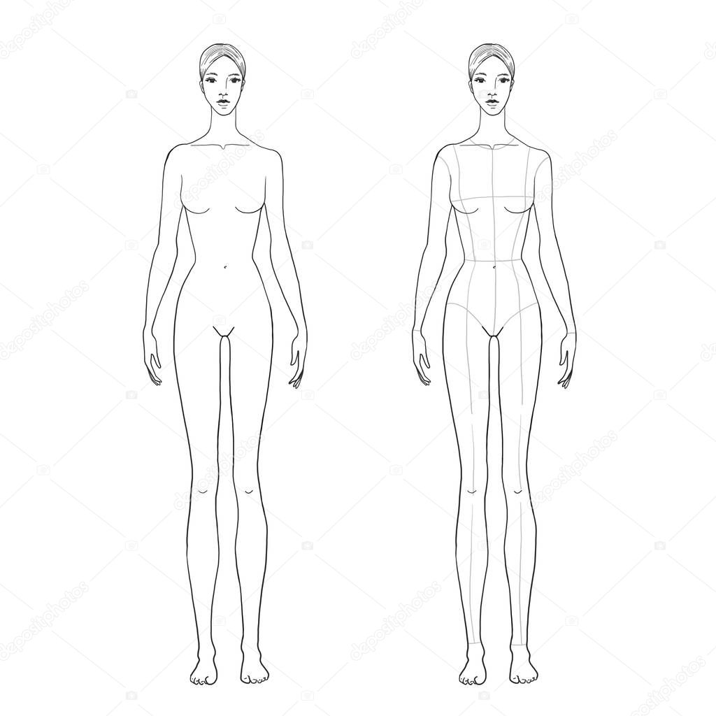 Womans figure sketch for technical drawing with main lines. Vector outline girl model template for fashion sketching. 