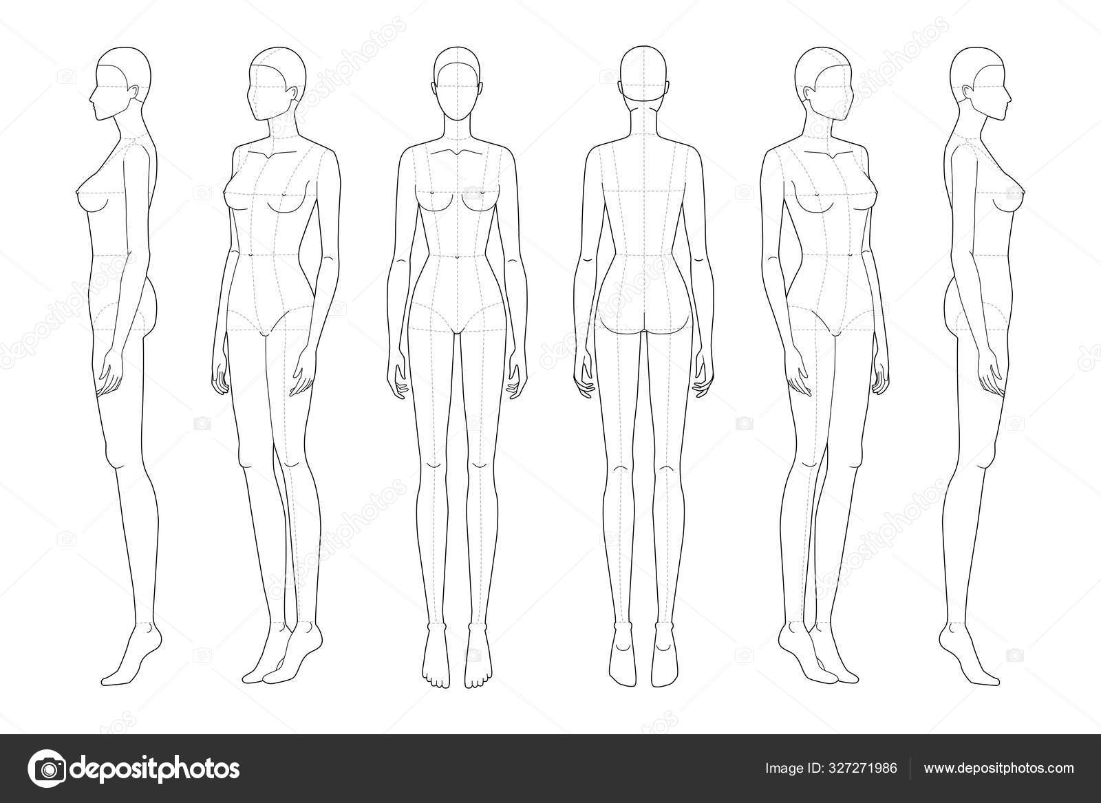 Modelo de moda de mulheres em poses diferentes 9 tamanho de cabeça para  desenho técnico