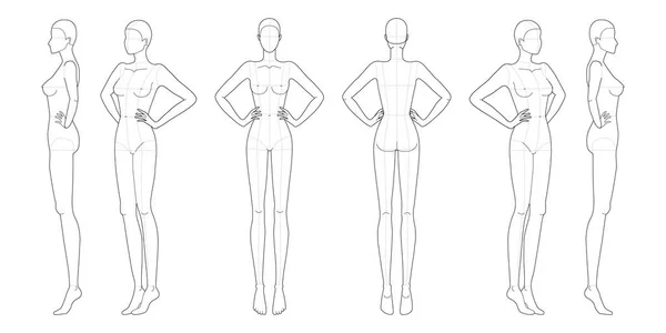 Modelo de moda 9 cabeça para desenho técnico com linhas principais . —  Vetores de Stock