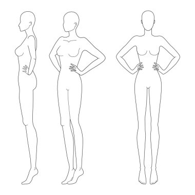 Moda şablonu 9 ana hatlı teknik çizim için baş. 