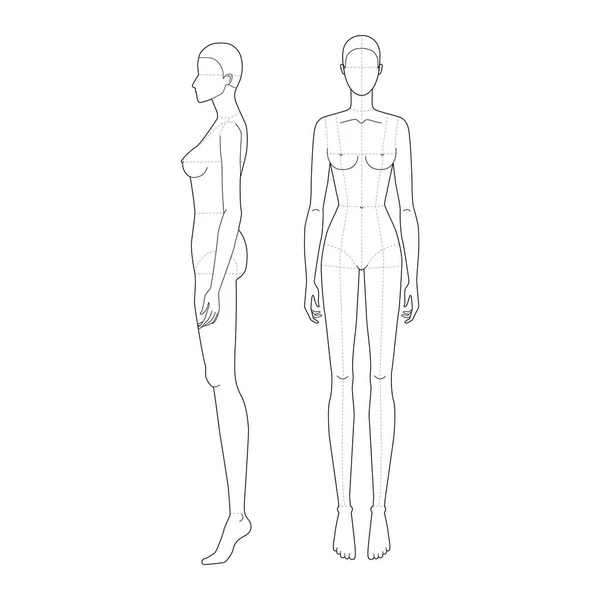 Modesjabloon 9 kop voor technische tekening met hoofdlijnen. — Stockvector