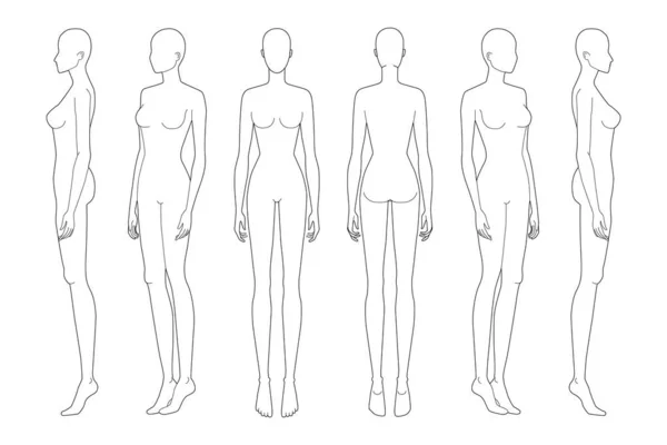 Moda şablonu 9 ana hatlı teknik çizim için baş. 