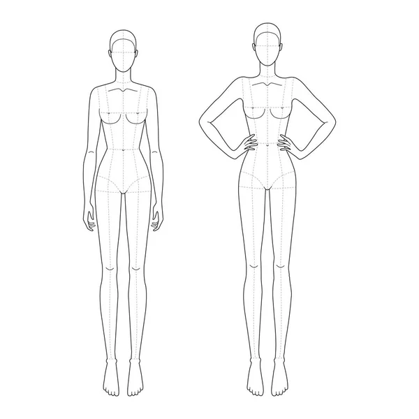 Modèle de mode 9 têtes pour dessin technique avec lignes principales . — Image vectorielle