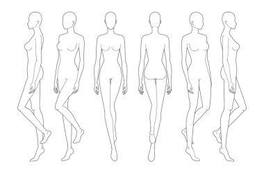 Yürüyen kadının moda şablonu. Teknik çizim için 9 kafa boyutu. 