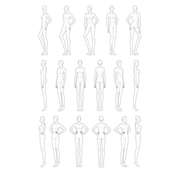 Fashion template of lady in different poses. — ストックベクタ