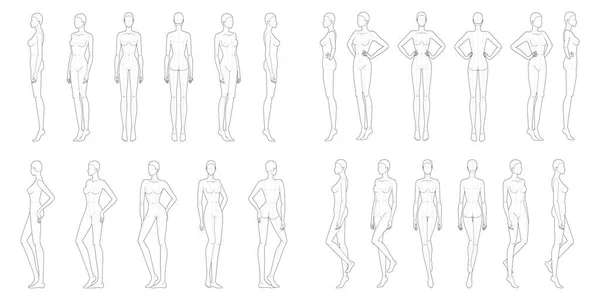 Plantilla de moda 9 cabeza para dibujo técnico con líneas principales . — Archivo Imágenes Vectoriales