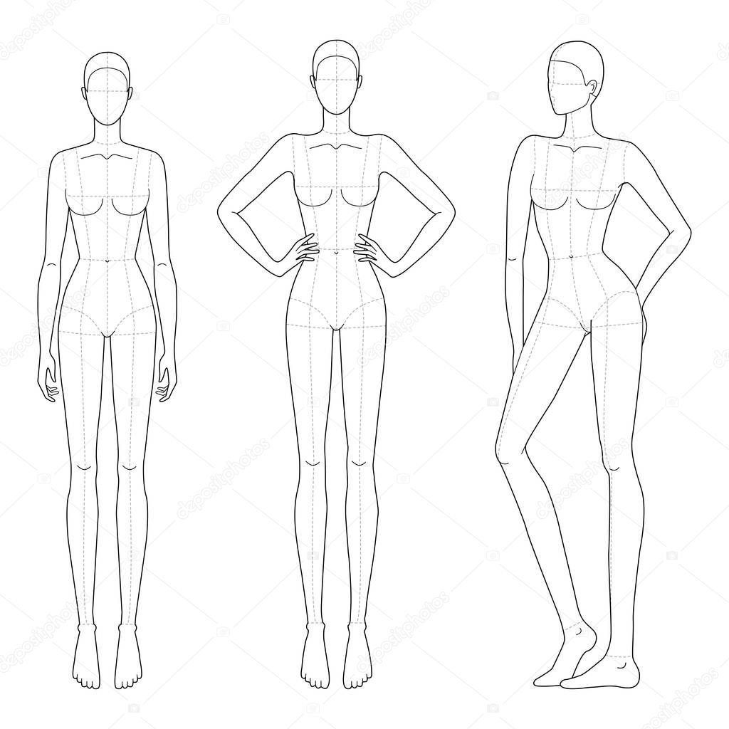 Fashion template of women in different standing poses. 