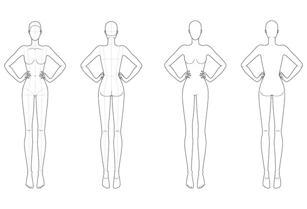Мода шаблон 9 головы для технического рисования с основными линиями . — стоковый вектор