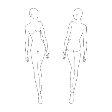 Moda şablonu 9 ana hatlı teknik çizim için baş. 