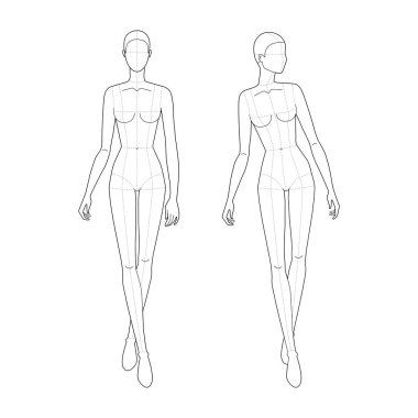Fashion template of walking women looking front and right.