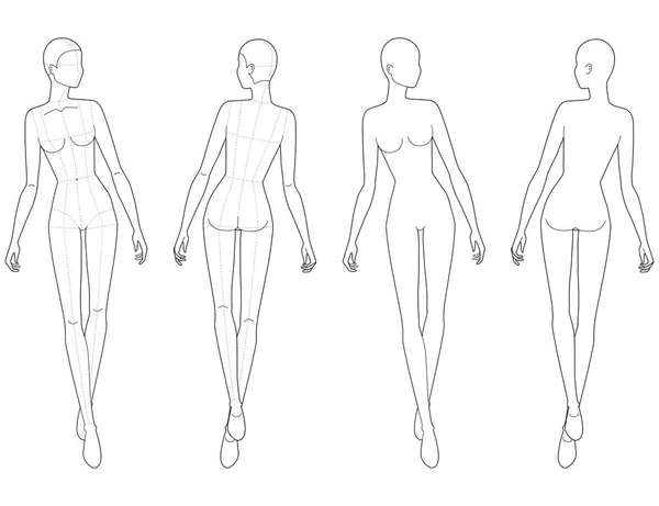 Plantilla de moda de mujeres caminando mirando a la derecha . — Vector de stock