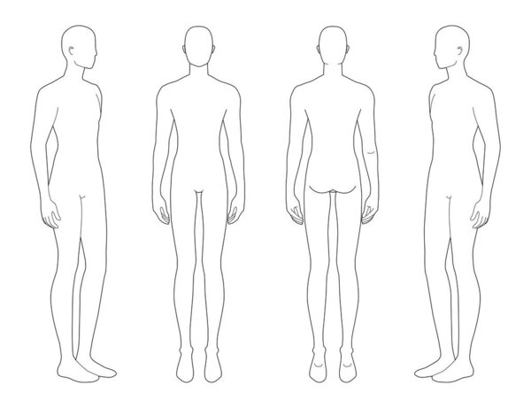 Fashion template of standing men in different point of view. 