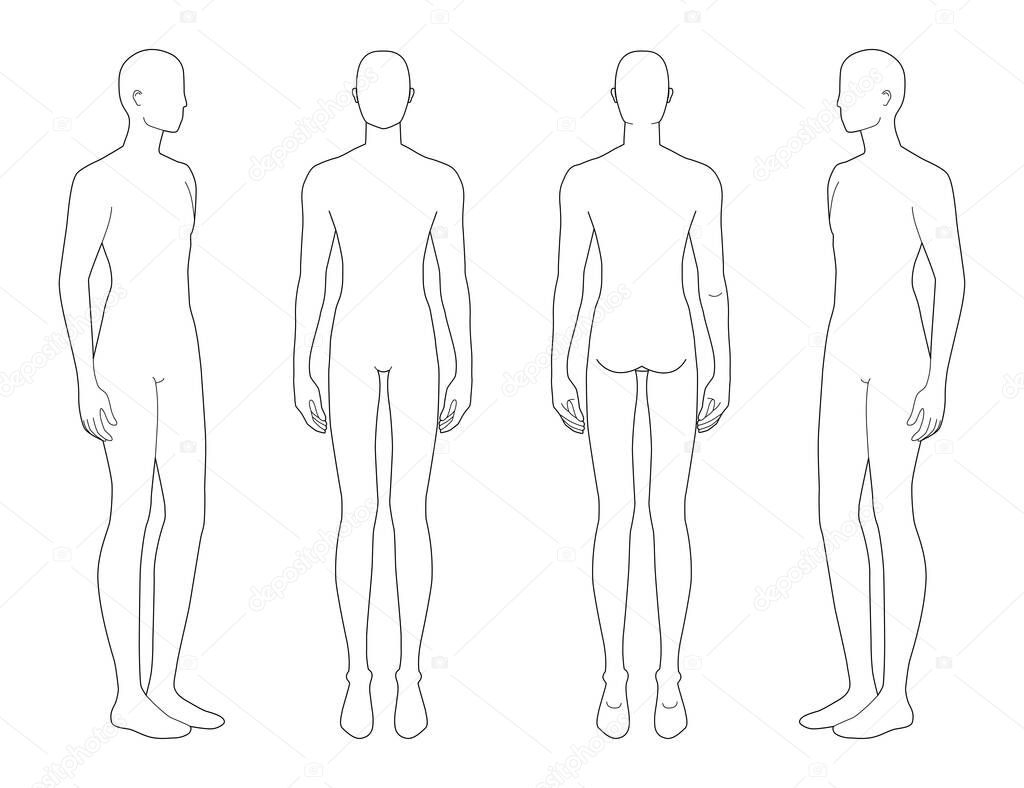 Fashion template of standing men in different point of view. 