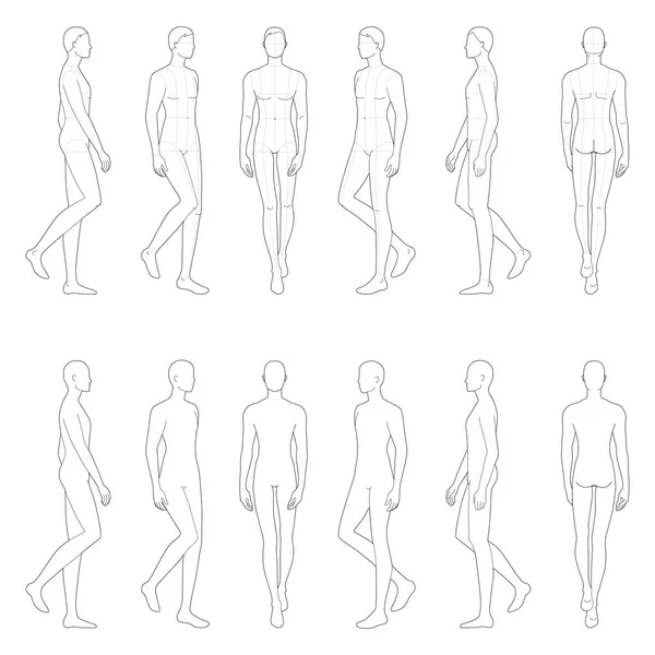 Fashion template of 12 walking men. — Stock Vector