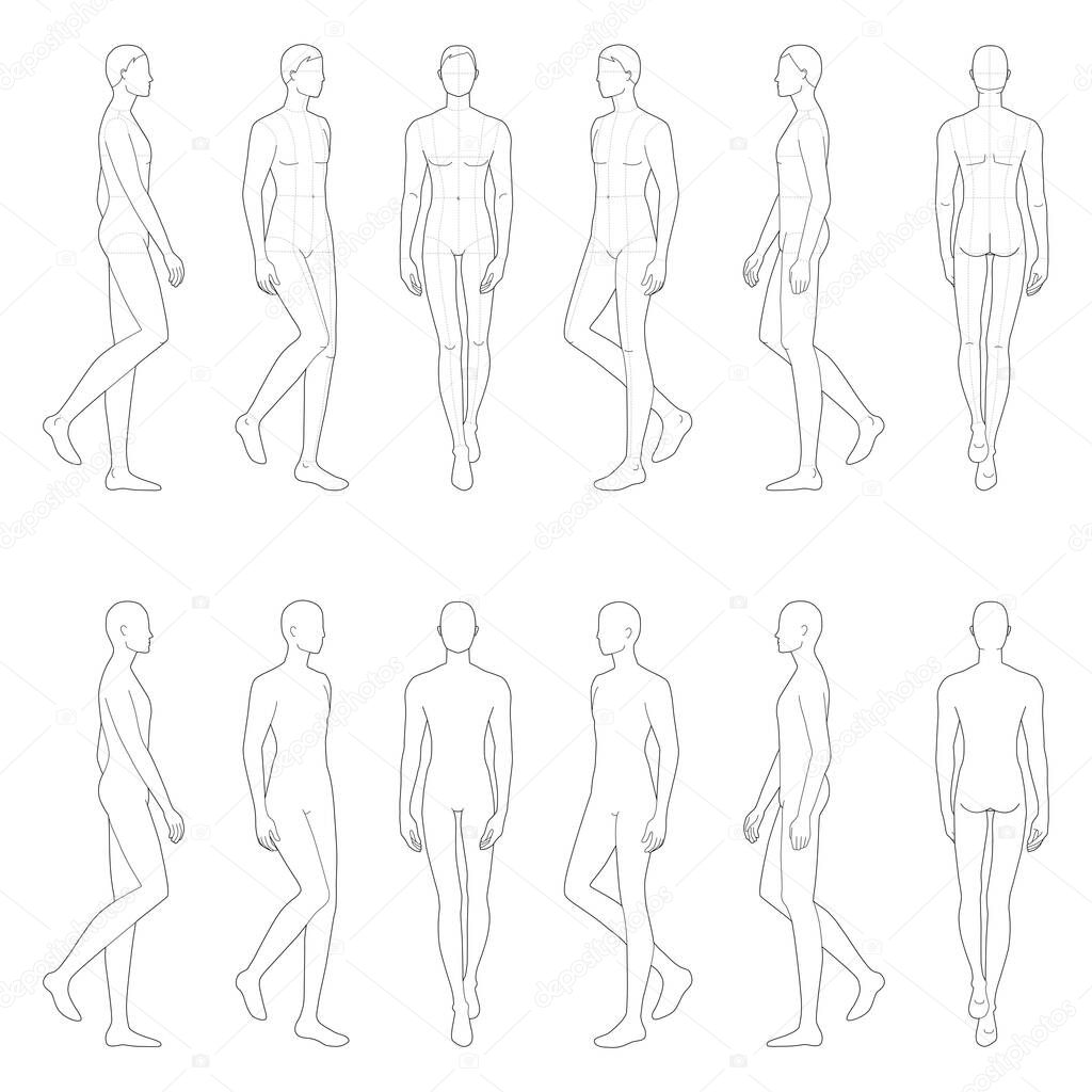 Fashion Template Of 12 Walking Men 9 Head Size For Technical Drawing With And Without Main Lines Gentlemen Figure Front Side 3 4 And Back View Vector Boy For Fashion Sketching And Fashion Template Of 12 Walking Men 9 Head Size For Technical Drawing With And Without Main Lines Gentlemen Figure Front Side 3 4 And Back View Vector Boy For Fashion Sketching And