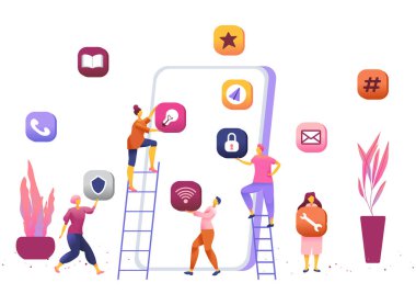İş Adamları Yaratıcı Ekibi Büyük Akıllı Telefon Ekranına Uygulama Simgeleri Koyuyor.