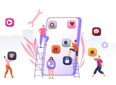 İş Adamları Yaratıcı Ekibi Büyük Akıllı Telefon Ekranına Uygulama Simgeleri Koyuyor.