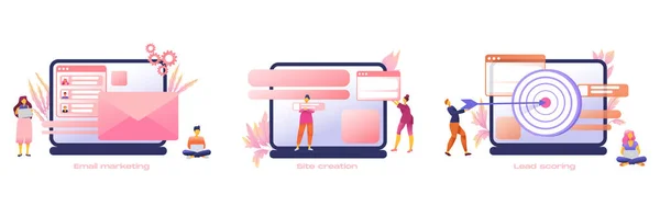 Set di icone dei cartoni animati con email marketing business flat per il concept design con personaggi — Vettoriale Stock