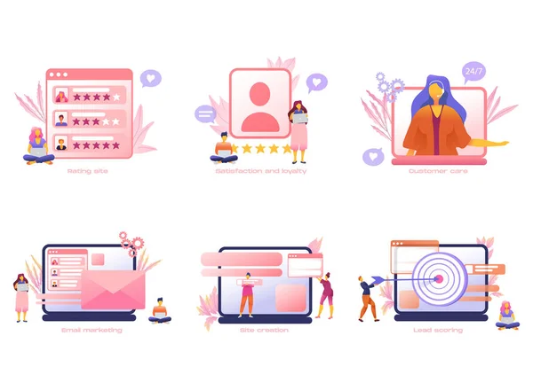 Set di icone dei cartoni animati con email marketing business flat per il concept design con personaggi — Vettoriale Stock