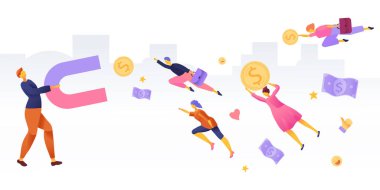 İş adamları sosyal medya kavramı. Sevgi, para, geribildirim ve internette mıknatısı olan insanları çeken bir adam.. 