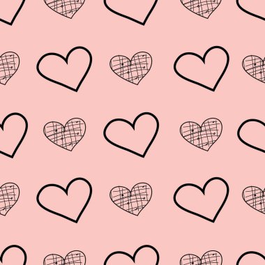 Açık kalpli, kalp karalamaları, pembe arka planda sevgililer günü kalpleri olan kusursuz vektör deseni..