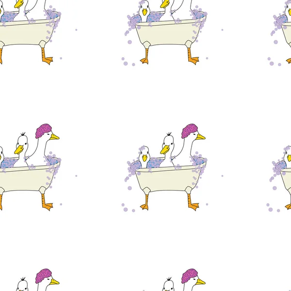 Три утки в ванне, причудливый, бесшовный повторяющийся рисунок, вектор — стоковый вектор