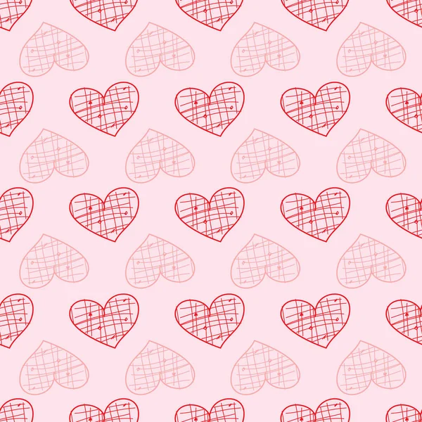 Coeurs avec motif grille à l'intérieur, rangées de coeurs roses et rouges, répétition vectorielle sans couture — Image vectorielle