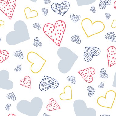 Mavi Kırmızı ve Sarı renkli tuhaf kalpler, kusursuz tekrar eden vektör deseni, sevgililer günü ya da 4 Temmuz