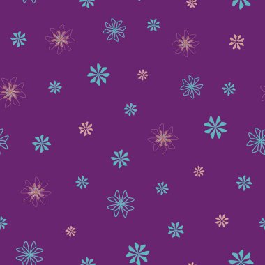 Pembe ve mavi çiçekli kusursuz çiçek deseni kumaş tasarımı için mor arka plana saçılmış.