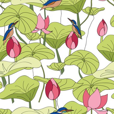 Nilüfer çiçekleri üzerinde oturan balıkçı beyaz arka planda kusursuz vektör tekrarı