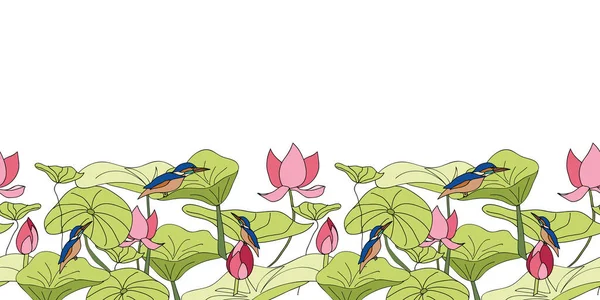 Kingfisher sitting on lotus flowers Border with white background seamless vector repeat Royalty Free Stock Vectors