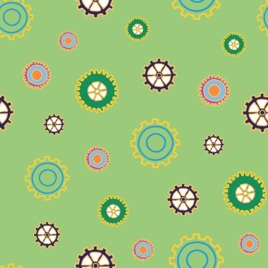 Top Gear scattered cogs on green background surface pattern design vector repeat