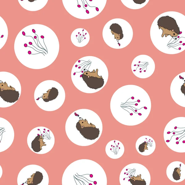 Hedgehog exploring in circles seamless vector pattern