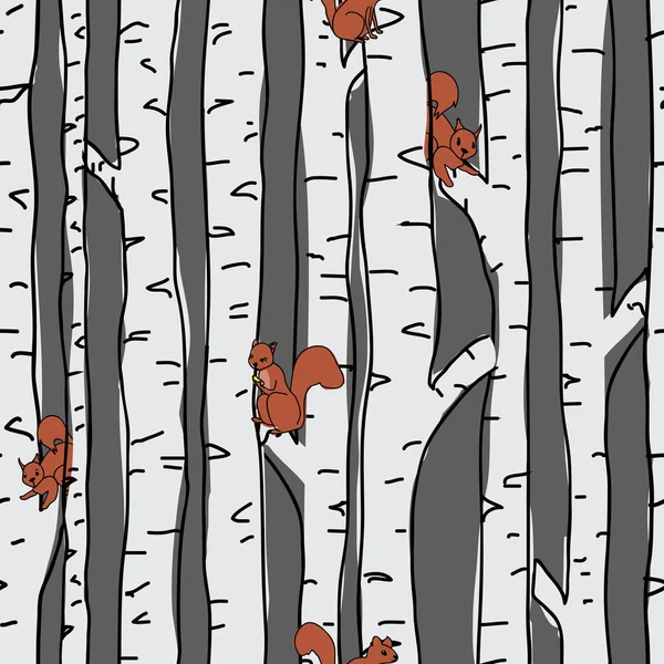 白桦树上的松鼠在蓝色背景上呈无缝图案.无缝矢量 — 图库矢量图片