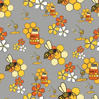 Gri arka planda etkin arılar kusursuz vektör deseni