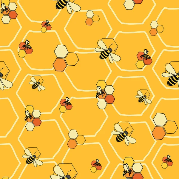 Bijen en honingraten naadloos patroon Vector op gele honingraat achtergrond. — Stockvector