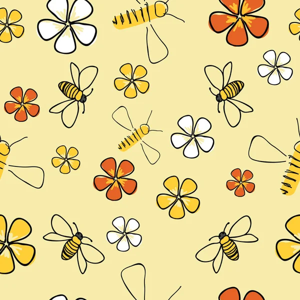 Bijen en bloemen naadloos patroon Vector witte achtergrond. — Stockvector