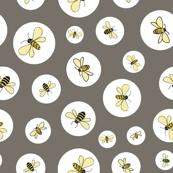 Abeilles isolées en cercles sur fond gris motif vectoriel sans couture — Image vectorielle