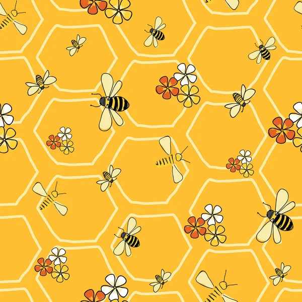 Vida de panal Abejas y flores patrón sin costuras Vector sobre fondo de panal de miel amarillo . — Vector de stock