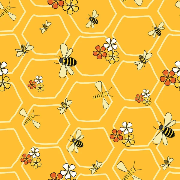 Honeycomb life Bees and flowers seamless pattern Vector on yellow honey comb background. Vector Graphics