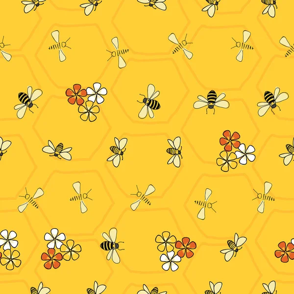 Abeilles et fleurs motif sans couture vecteur sur fond nid d'abeille jaune . — Image vectorielle