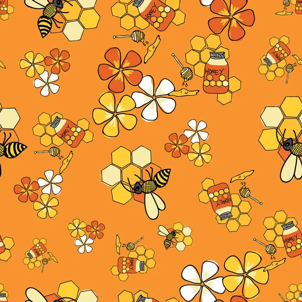 蜂と花とハニカムシームレスなパターンベクトルオレンジの背景. — ストックベクタ