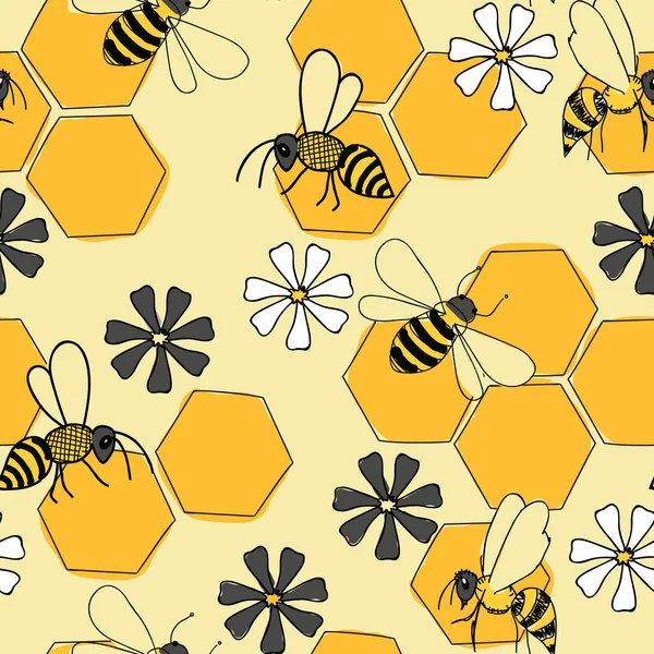 Bees and flowers seamless pattern Vector on yellow honeycomb background. Royalty Free Stock Vectors