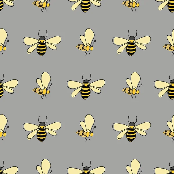 Flattern Bienen in Linien auf grauem Hintergrund nahtlose Vektormuster — Stockvektor